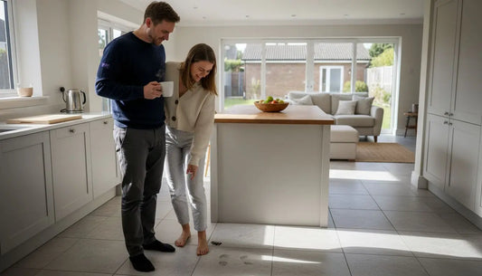 Modern UK kitchen with textured floor tiles