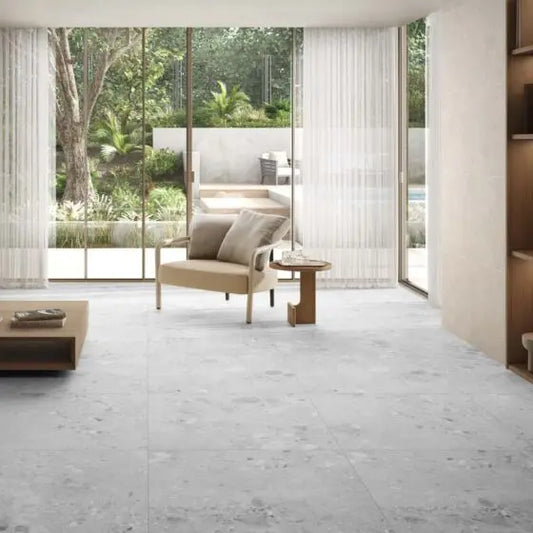 Ama Grey Terrazzo Porcelain 90X90 cm matt Tile. from £44.99 Vero