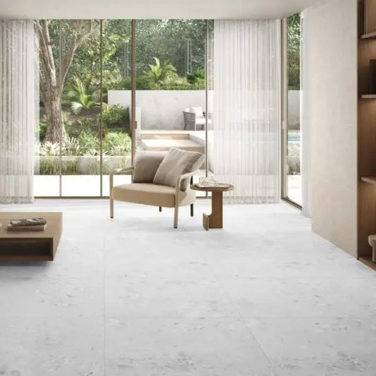 Ama White Terrazzo Porcelain 90X90 cm matt Tile. from £44.99 Vero