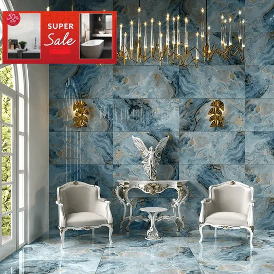 Blue marble polished 60x120 cm marble effect Porcelain Tiles from £27.99 sq.m vivido-tiles-uk