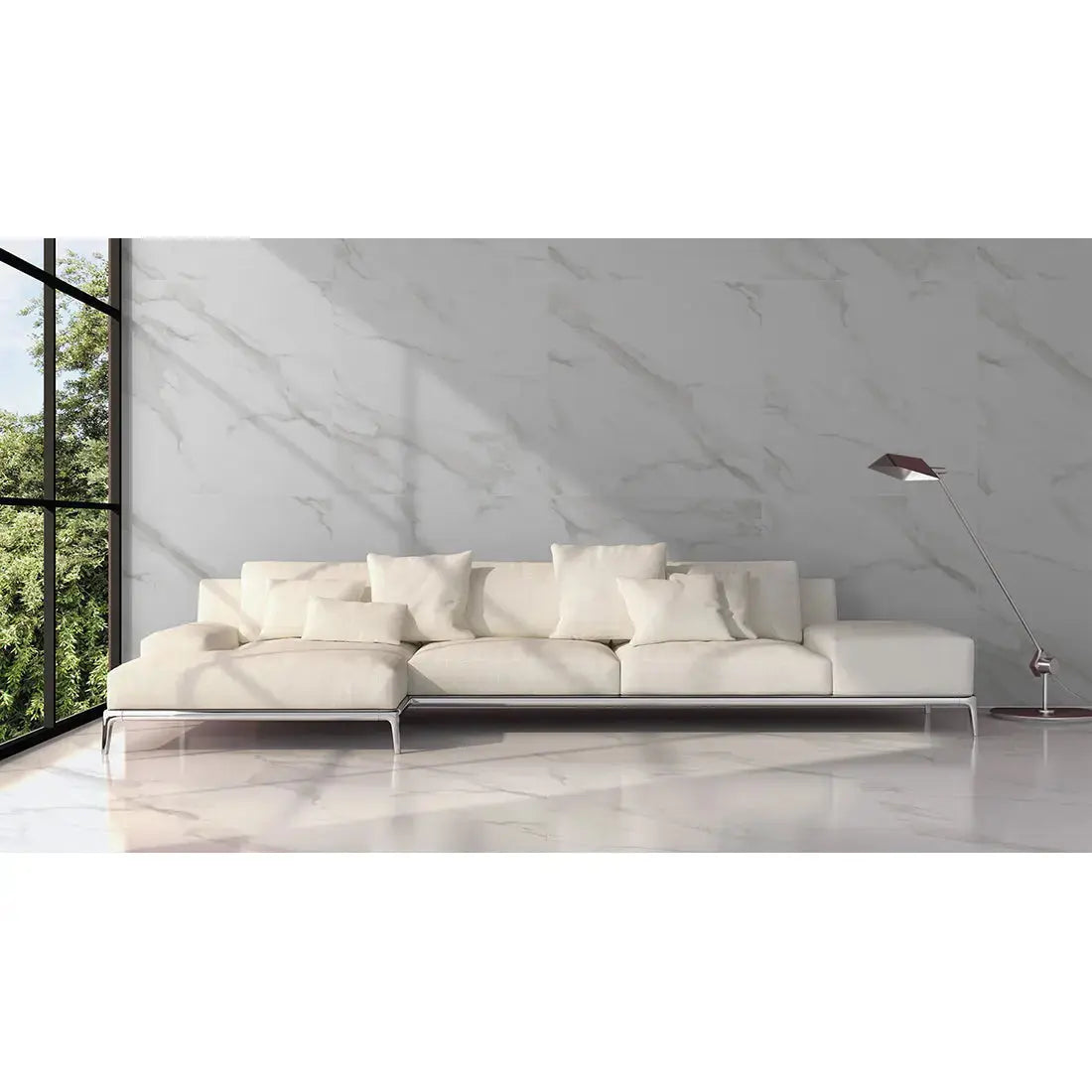 Carrara White 120x120 cm Large Polished Porcelain Tiles. from £39.99 sq.m -Vivido-tiles-uk