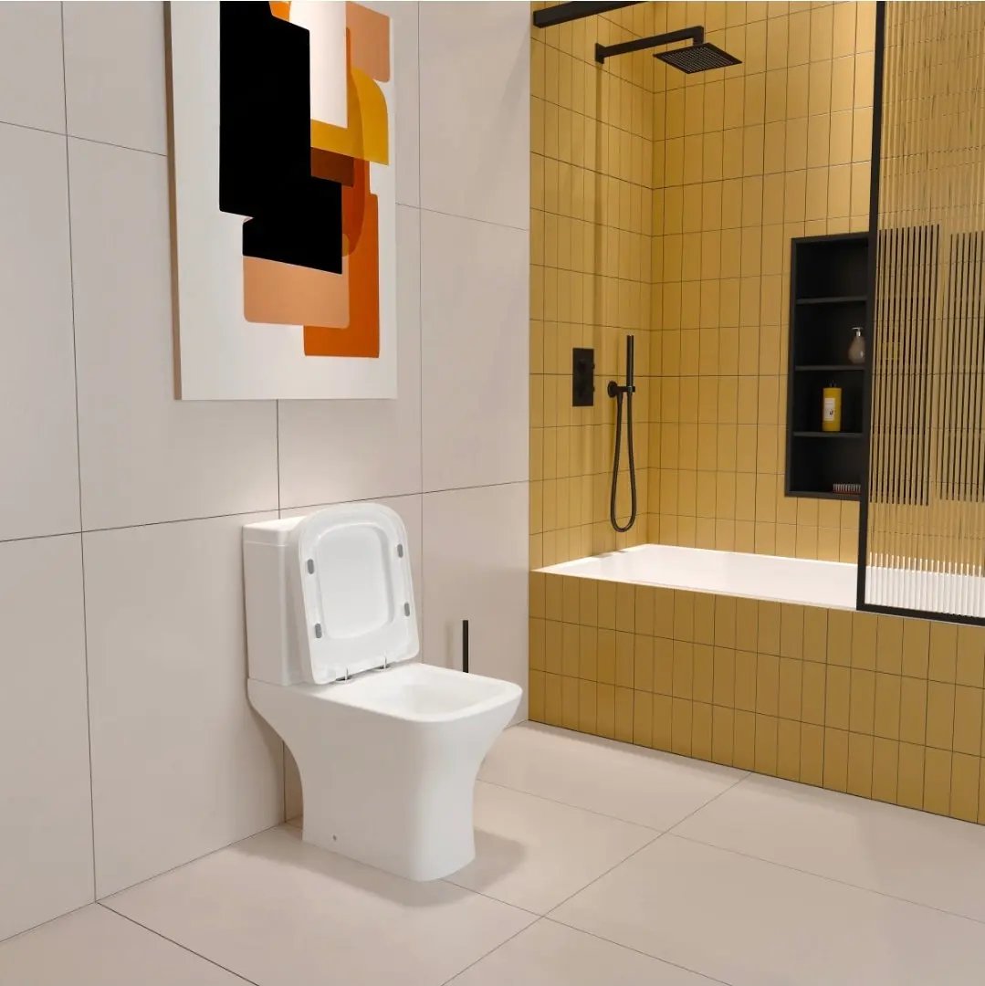 Close Coupled Toilet Square Ceramic White Short Projection Bathroom WC - Vivido Tiles