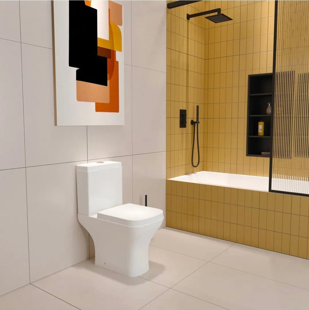 Close Coupled Toilet Square Ceramic White Short Projection Bathroom WC - Vivido Tiles