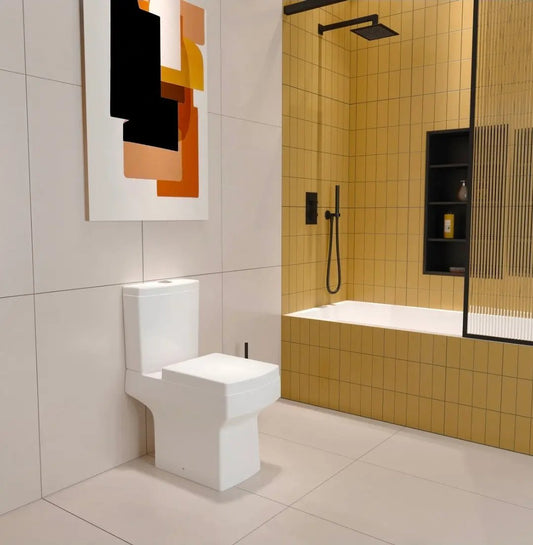 Close Coupled Toilet With White Soft Close Seat Dual Flush Square WC - Vivido Tiles
