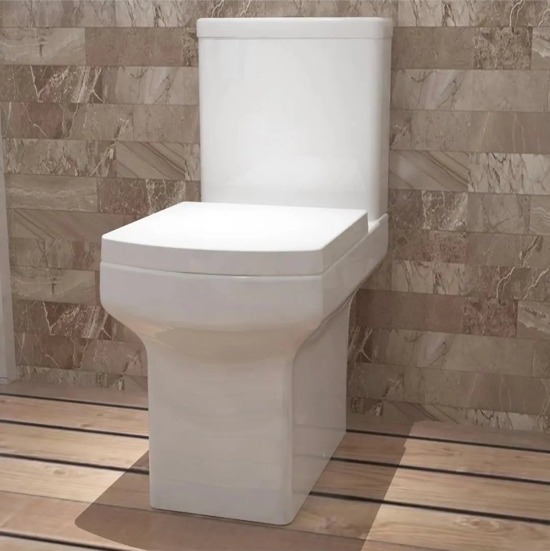 Close Coupled Toilet With White Soft Close Seat Dual Flush Square WC - Vivido Tiles