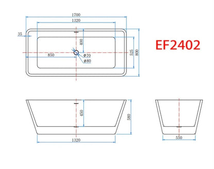 Freestanding Double Ended Bath Tub 1700x800mm Integral Waste & Overflow - Vivido Tiles