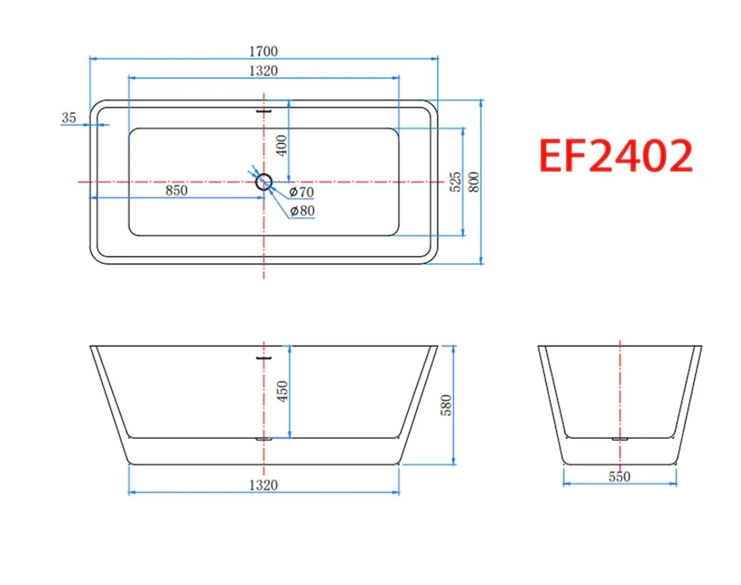 Freestanding Double Ended Bath Tub 1700x800mm Integral Waste & Overflow - Vivido Tiles