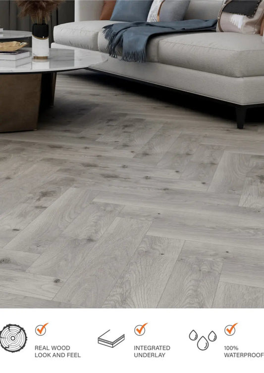 GREY OAK ESTILO HARDCORE SPC Flooring | Herringbone from £19.99 sq.m Likewise