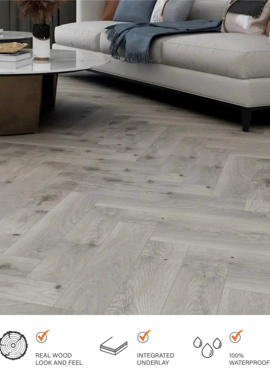 GREY OAK ESTILO HARDCORE SPC Flooring | Herringbone from £19.99 sq.m Vivido Tiles 