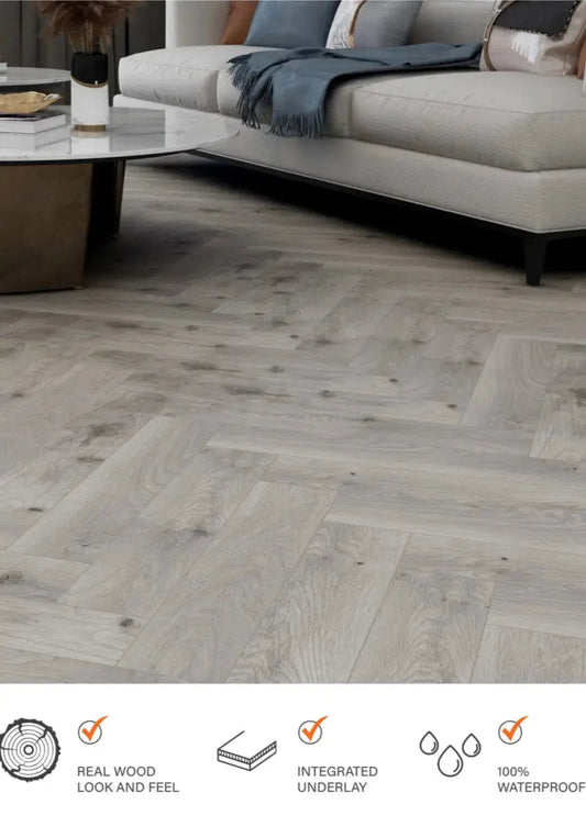 GREY OAK ESTILO HARDCORE SPC Flooring | Herringbone from £19.99 sq.m Vivido Tiles 