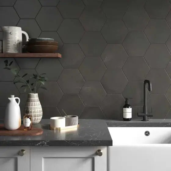 Hex Anthracite 175x202 mm  Feature wall Tiles  £47.99 sq.m vivido-tiles-uk