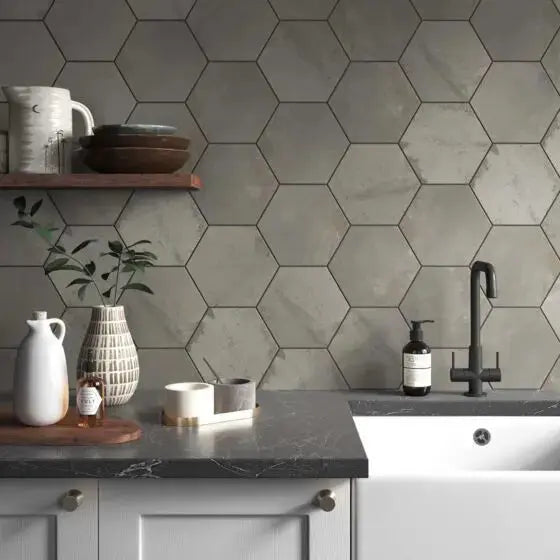 Hex Steel 175x202 mm  Feature wall Tiles  £47.99 sq.m vivido-tiles-uk