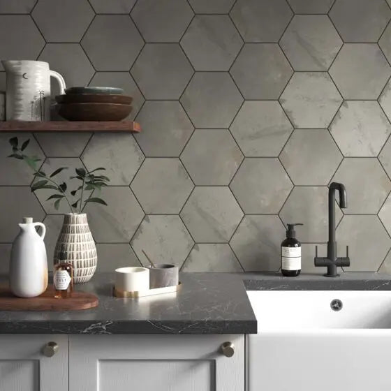 Hex Steel 175x202 mm  Feature wall Tiles  £47.99 sq.m Vero