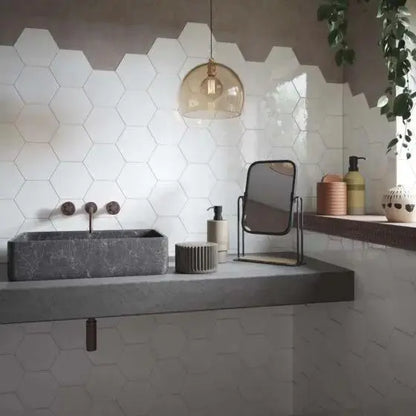 Hope White Hexagon Gloss Ceramic Wall 150x173 mm - £49.99 sq.m vivido-tiles-uk