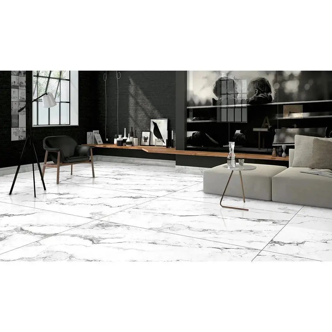 Lucy White polished 60x120 cm marble effect Porcelain Tile from £24.99 sq.m - Vivido Tiles uk