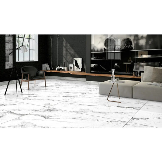 Lucy White polished 60x120 cm marble effect Porcelain Tile from £24.99 sq.m - Vivido Tiles