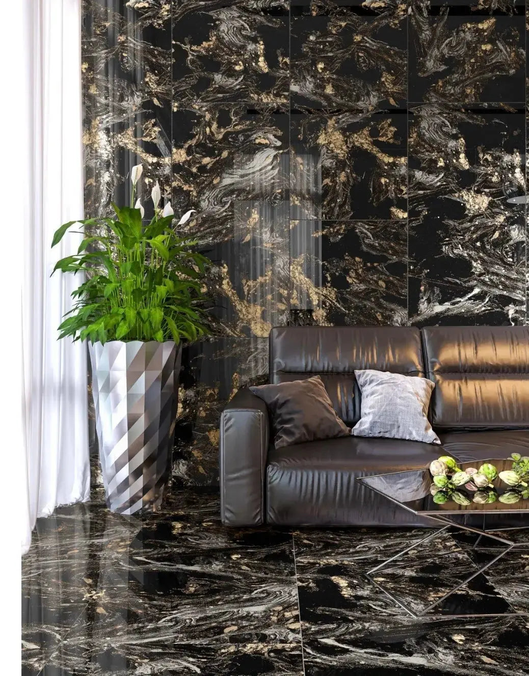 Magni Black & Gold 60x60 cm Polished Porcelain Tiles from £22.99 sq.m vivido-tiles-uk