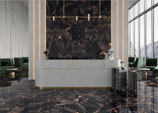 Miracle black & gold polished 60x120 cm marble effect Porcelain Tiles from £24.99 sq.m Arts