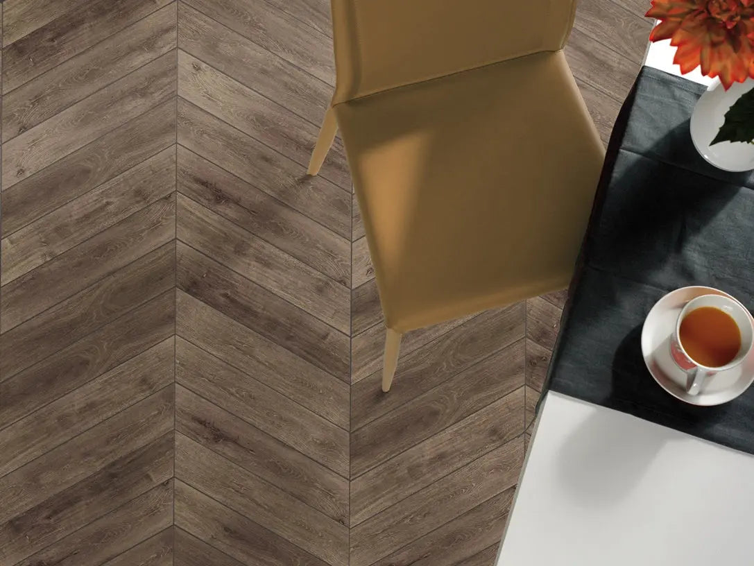 Porcelain wood effect tiles Herringbone Yosh Taupe matt 40x8x0.94 cm wall and floor