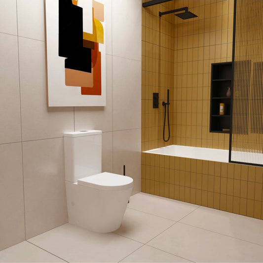 Rimless Close Coupled Toilet Soft Close Seat WC White Round - Vivido Tiles