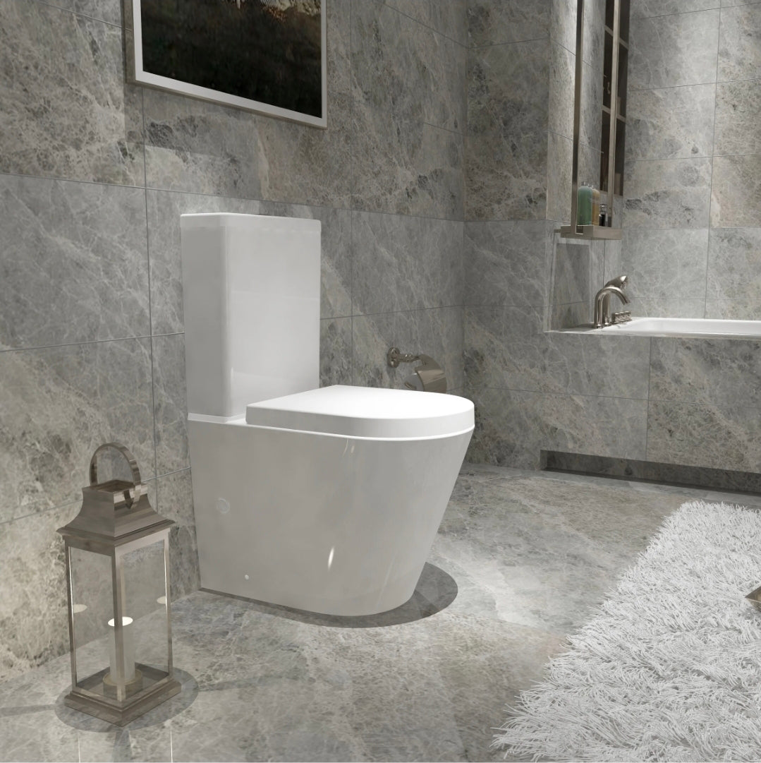 Rimless Close Coupled Toilet Soft Close Seat WC White Round - Vivido Tiles
