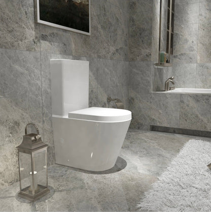 Rimless Close Coupled Toilet Soft Close Seat WC White Round - Vivido Tiles