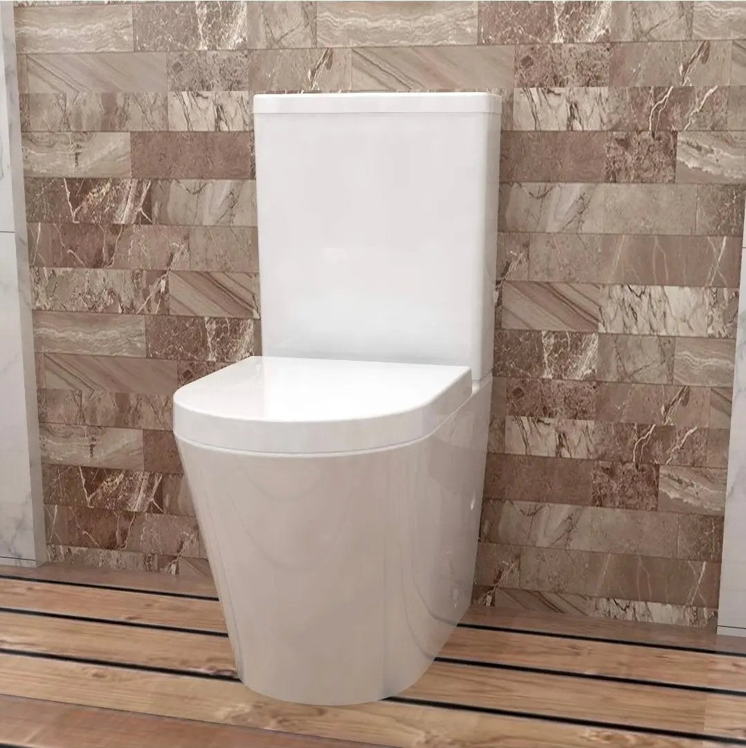 Rimless Close Coupled Toilet Soft Close Seat WC White Round - Vivido Tiles