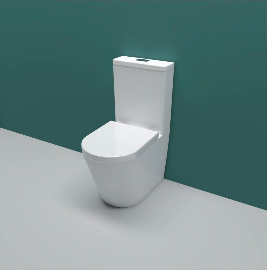Rimless Close Coupled Toilet Soft Close Seat WC White Round - Vivido Tiles