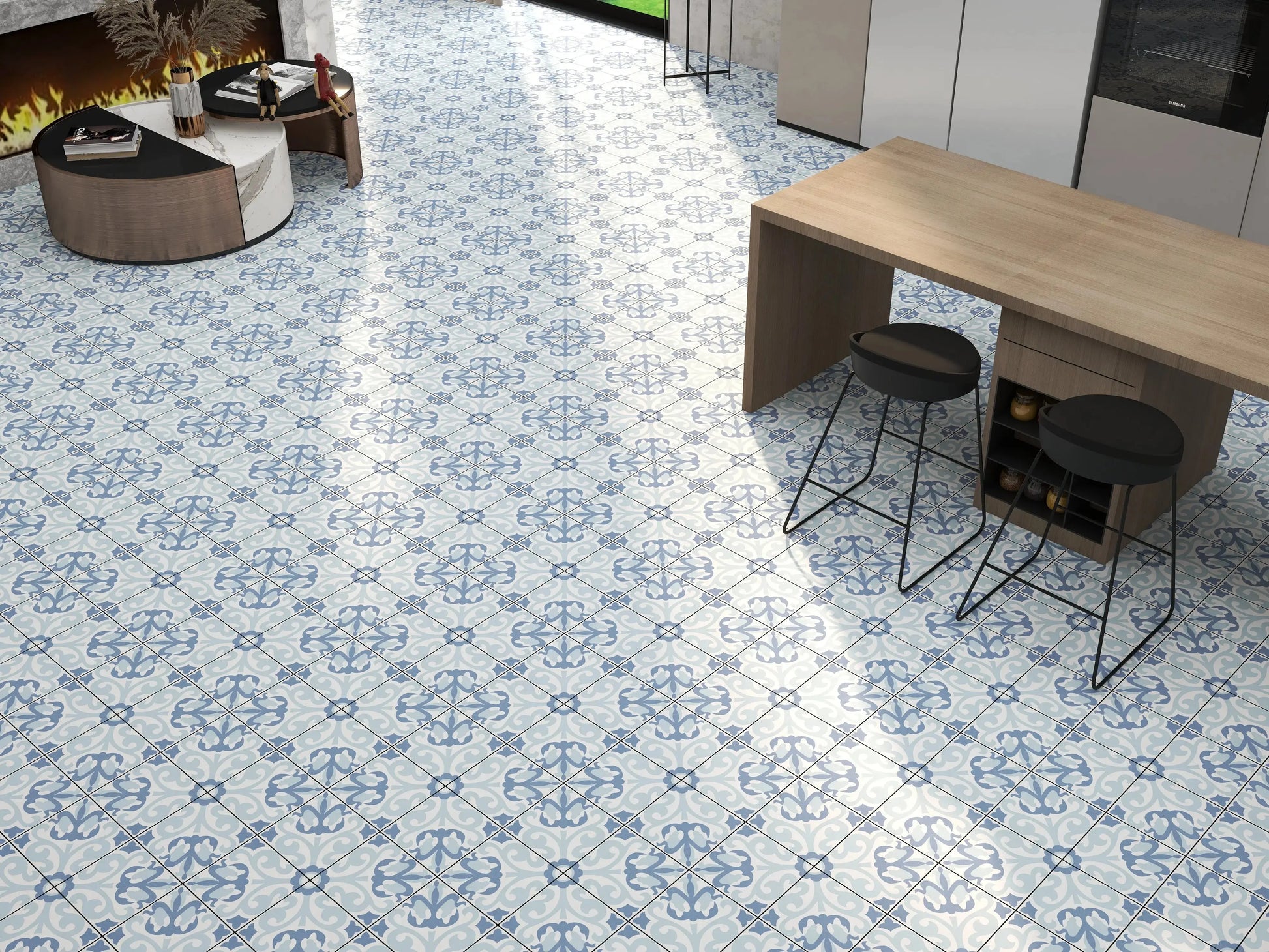 SAVILE BLUE Patterned Tiles 20x20  Matt Ceramic wall and floor from ONLY £27.99 sq.m -Vivido-tiles-uk