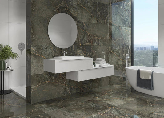 STORIA dark green polished 60x120 cm marble effect Porcelain Tiles from £25.99 sq.m -Vivido-tiles-uk