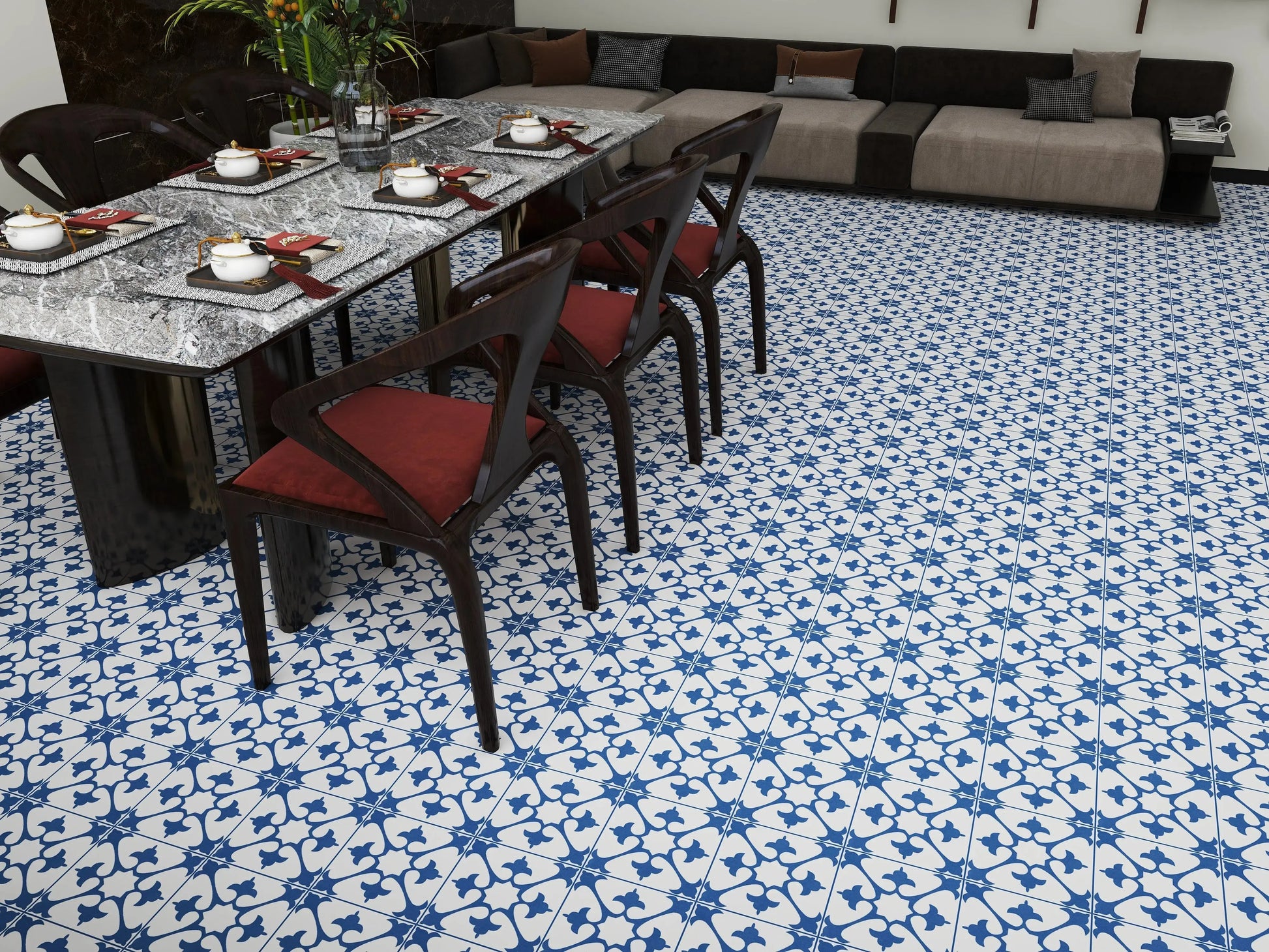 STRATFORD BLUE Patterned Tiles 20x20  Matt Ceramic wall and floor from ONLY £27.99 sq.m -Vivido-tiles-uk