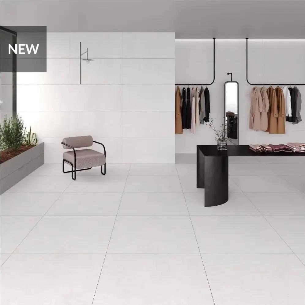 Siman white 100x100 cm concrete effect porcelain tiles £39.99 per sq.m Bien