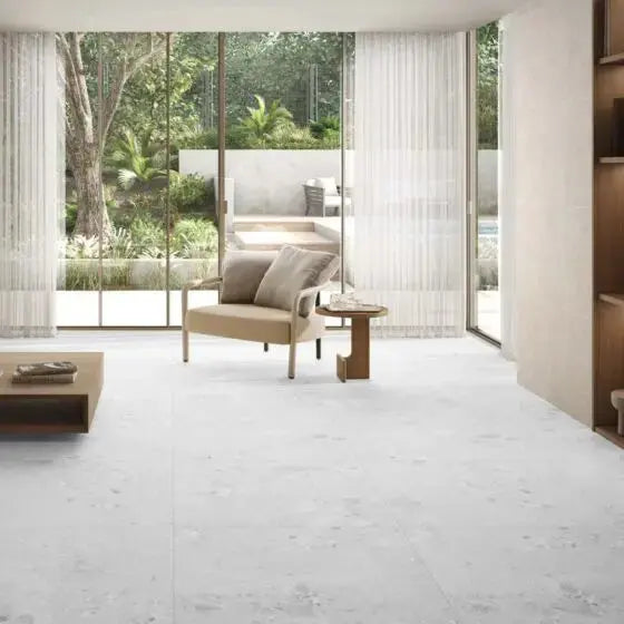 Ama White Terrazzo Porcelain 90X90 cm matt Tile. from £44.99 vivido-tiles-uk