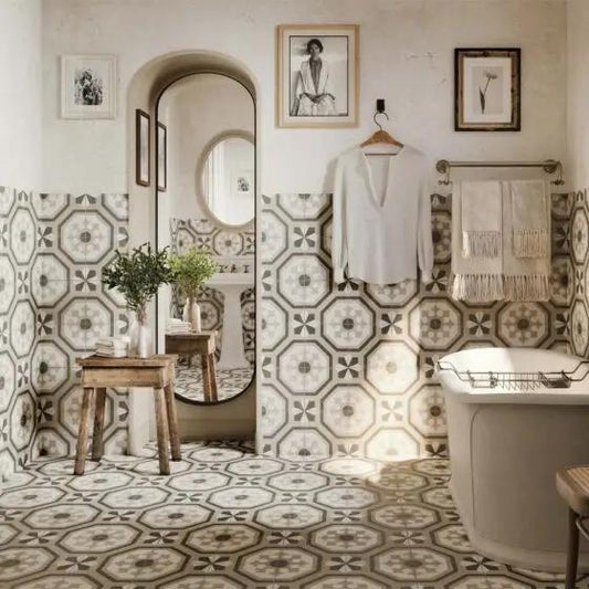 Spanish Zayda Grey Matt Vitrified Ceramic patterned tiles 450x450mm £49.99 Vero