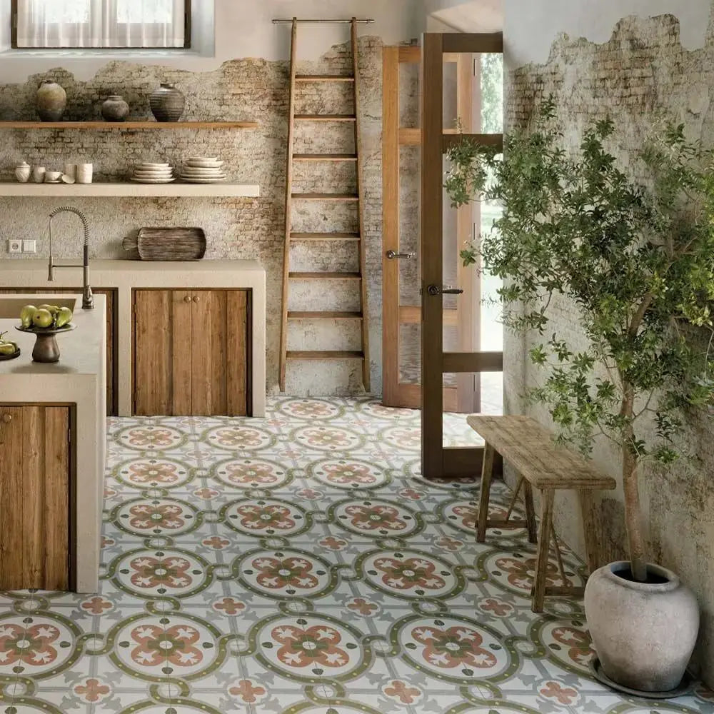 Spanish Zayda sage multi Matt Vitrified Ceramic patterned tiles 450x450mm £49.99 vivido-tiles-harrogate