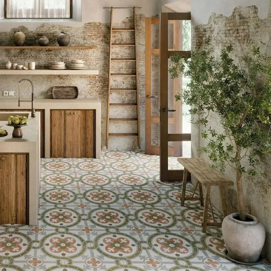 Spanish Zayda sage multi Matt Vitrified Ceramic patterned tiles 450x450mm £49.99 vivido-tiles-harrogate