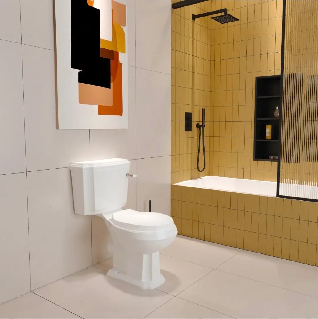Traditional Victoria Style Ceramic Close Coupled Toilet White Dual Flush Bathroom WC - Vivido Tiles