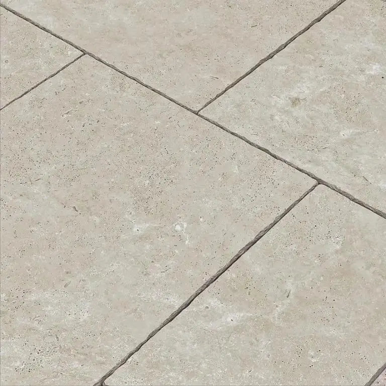 Travertine Beige Mix-Size Outdoor Tumbled Porcelain Patio Pack £37 sq.m vivido-tiles-uk