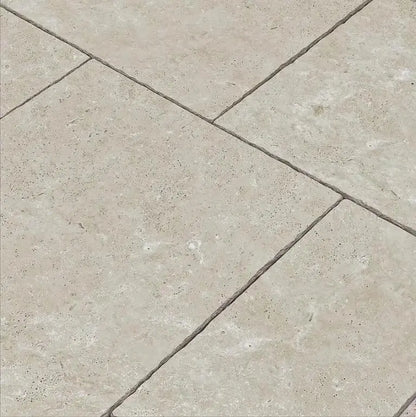 Travertine Beige Mix-Size Outdoor Tumbled Porcelain Patio Pack £37 sq.m vivido-tiles-uk