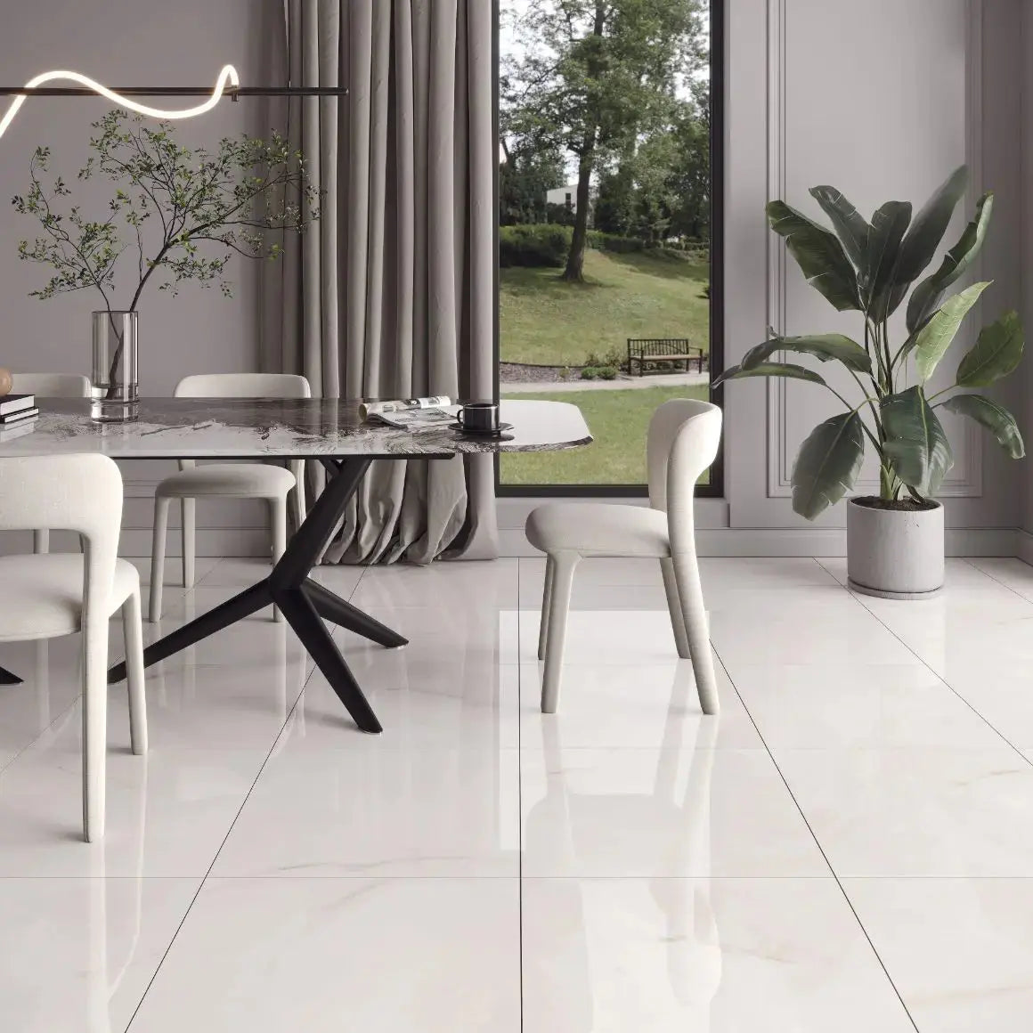 Venato 60x60 cm matt porcelain tiles installed on a dinning room floor